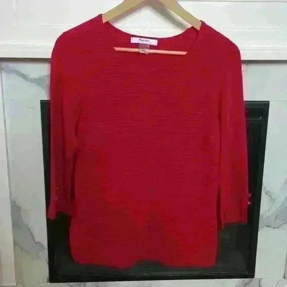 TANJAY  | Women's Red Ribbed 3/4 Length Sleeve Crewneck Sweater Size Smal… - Picture 1 of 4